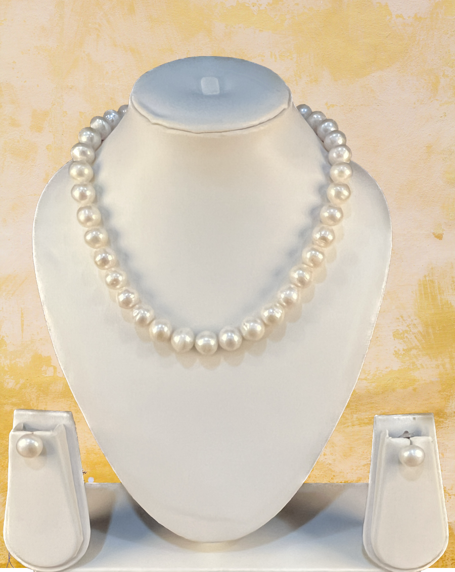 Angelina - 12 mm large size bold White Pearls Necklace Set