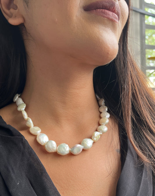 Aoife - Coin shape White Biwa Pearls Set