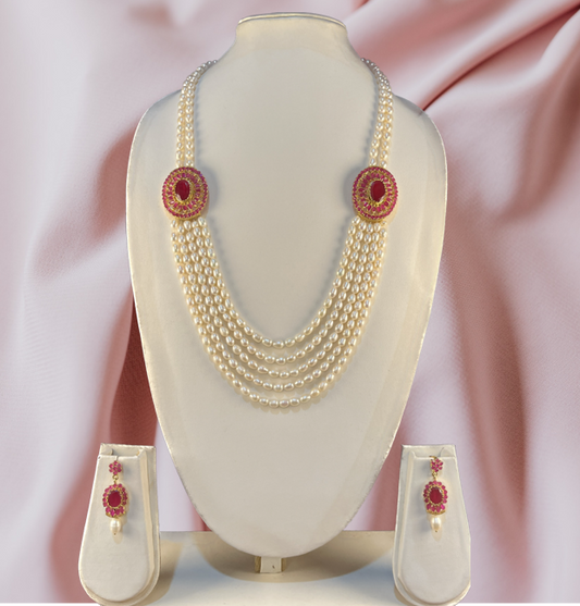 Ruparna - Enticing oval pearls dual brooch multi line pearl necklace set