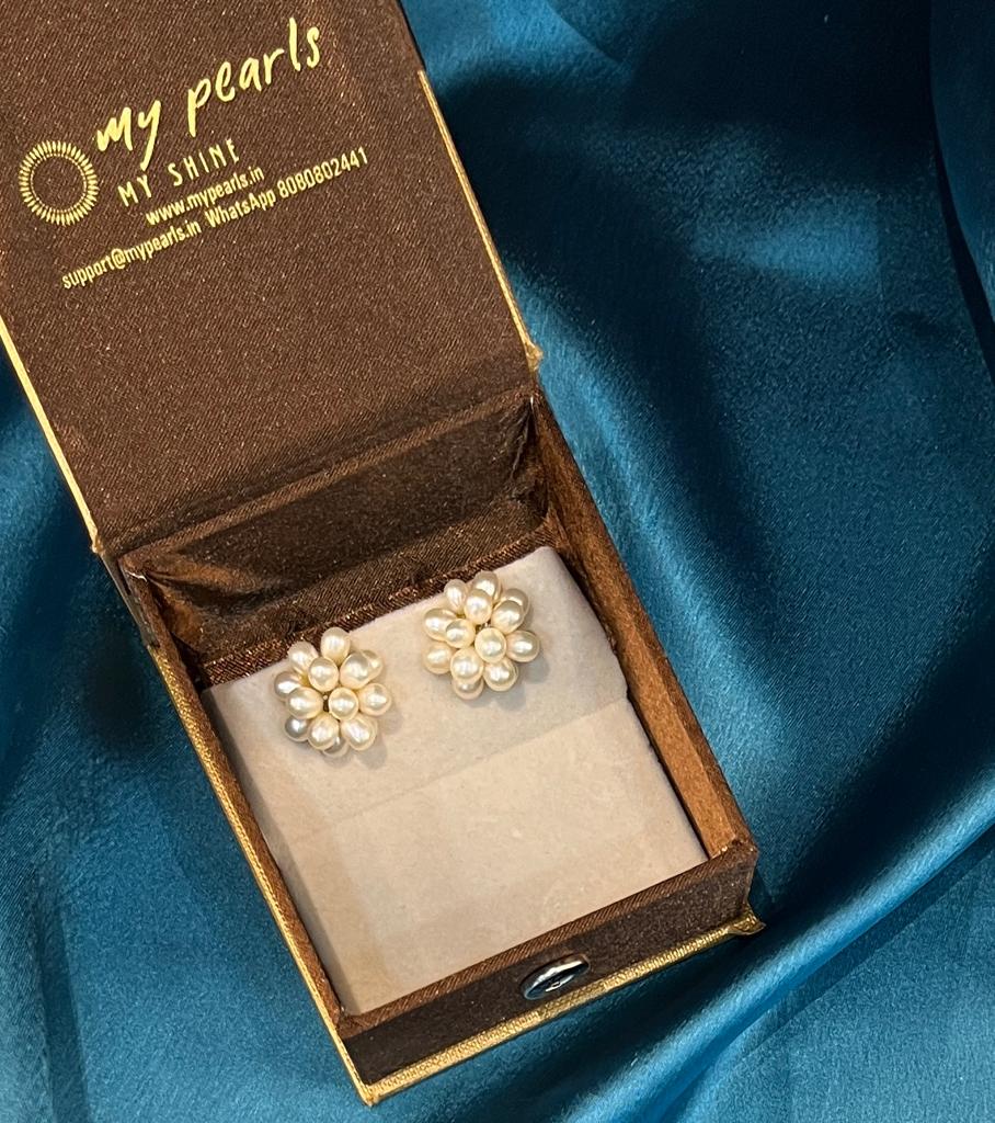My Pearls Ravishing Flower Shape White Pearl Earrings