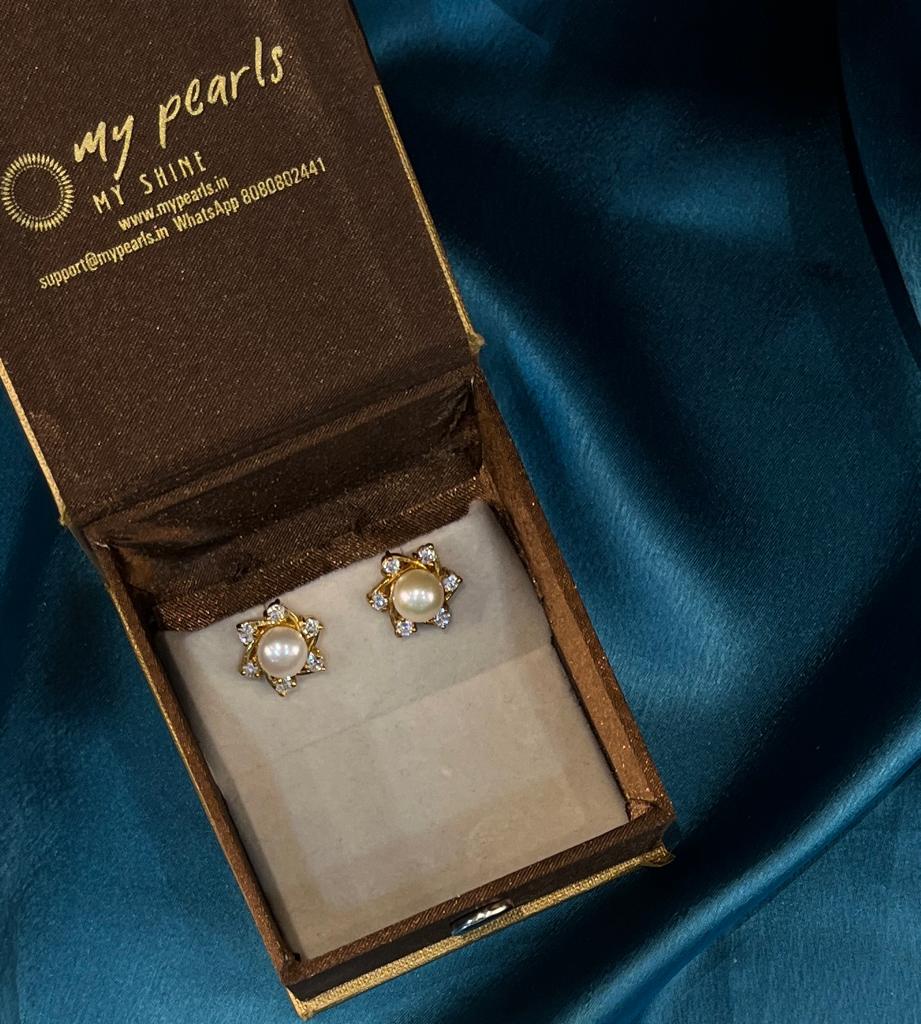 My Pearls Dazzling 8mm Real Pearl Stud Earrings with golden CZ Stone Accents