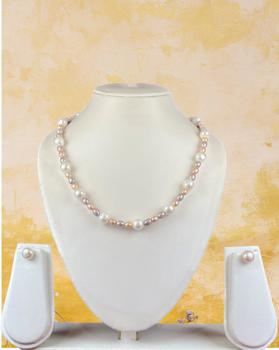 Stunning Single Line Real Pearl Set in 10 mm White Round Pearls & 6 mm Multi Color Oval Pearls