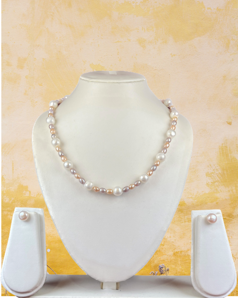 Stunning Single Line Pearl Set: 10mm White Round & 6mm Multi-Color Oval Pearls