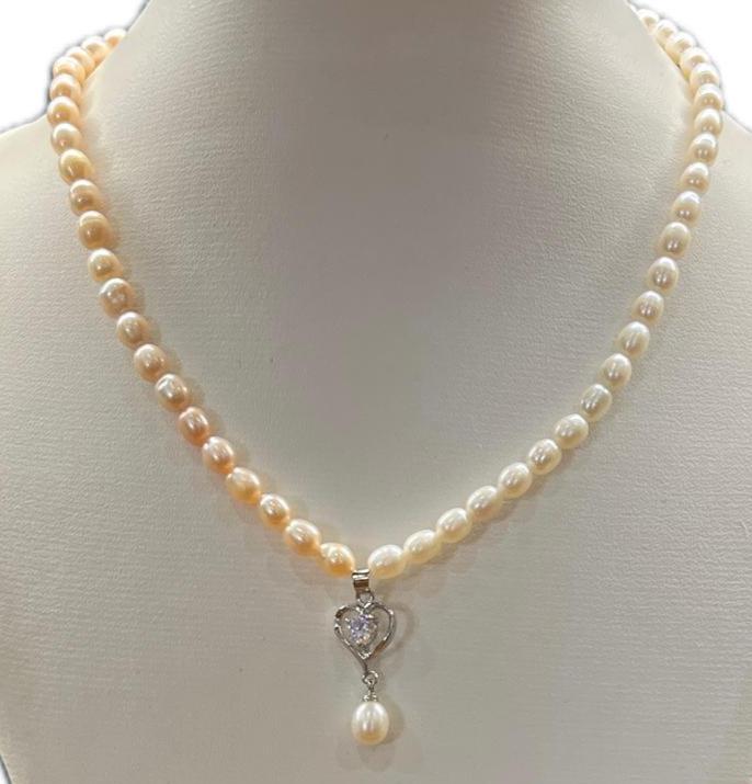 6 mm Oval White & Pink Pearl Necklace Set with Heart-Shaped Pendant