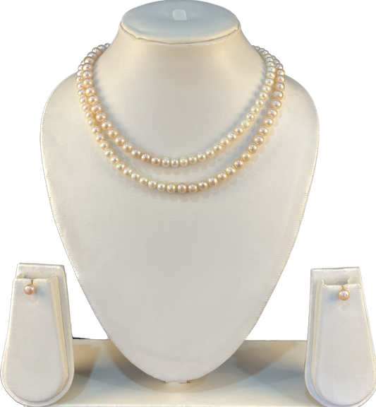 My Pearls Pink and White 6mm Round Pearls Two Lines Necklace Set