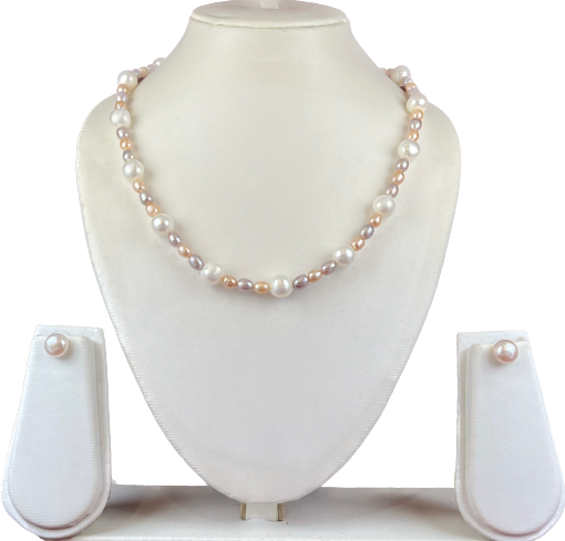 Stunning Single Line Real Pearl Set in 10 mm White Round Pearls & 6 mm Multi Color Oval Pearls