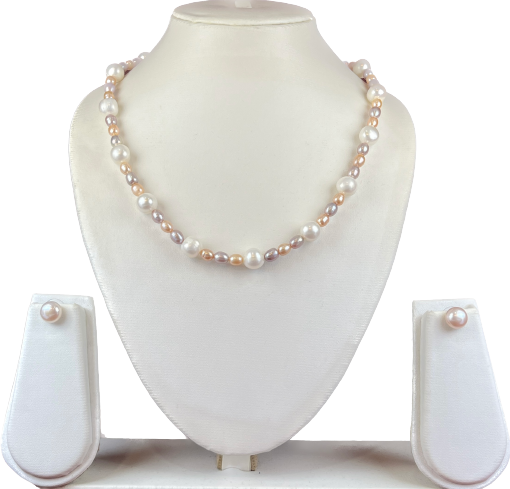 Stunning Single Line Pearl Set: 10mm White Round & 6mm Multi-Color Oval Pearls