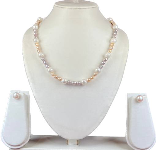 Gorgeous Single Line Real Pearl Set in 10 mm White Round & 6 mm Oval Multi Color Pearls