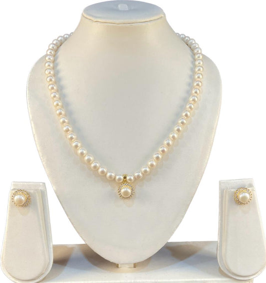 Ravishing Single Line 8 mm White Real Pearls Set with Pendant