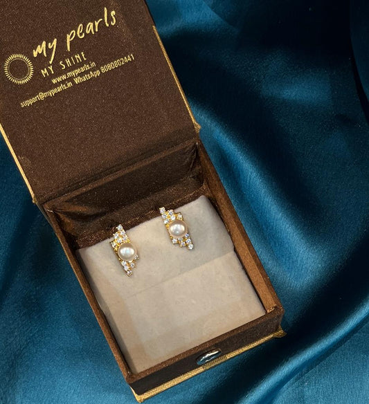 My Pearls CZ-Studded Real Pearl Stud Earrings with golden accent