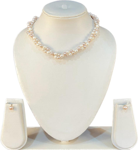 My Pearls 6 mm Pink & White Oval Pearls Two Lines Necklace Set
