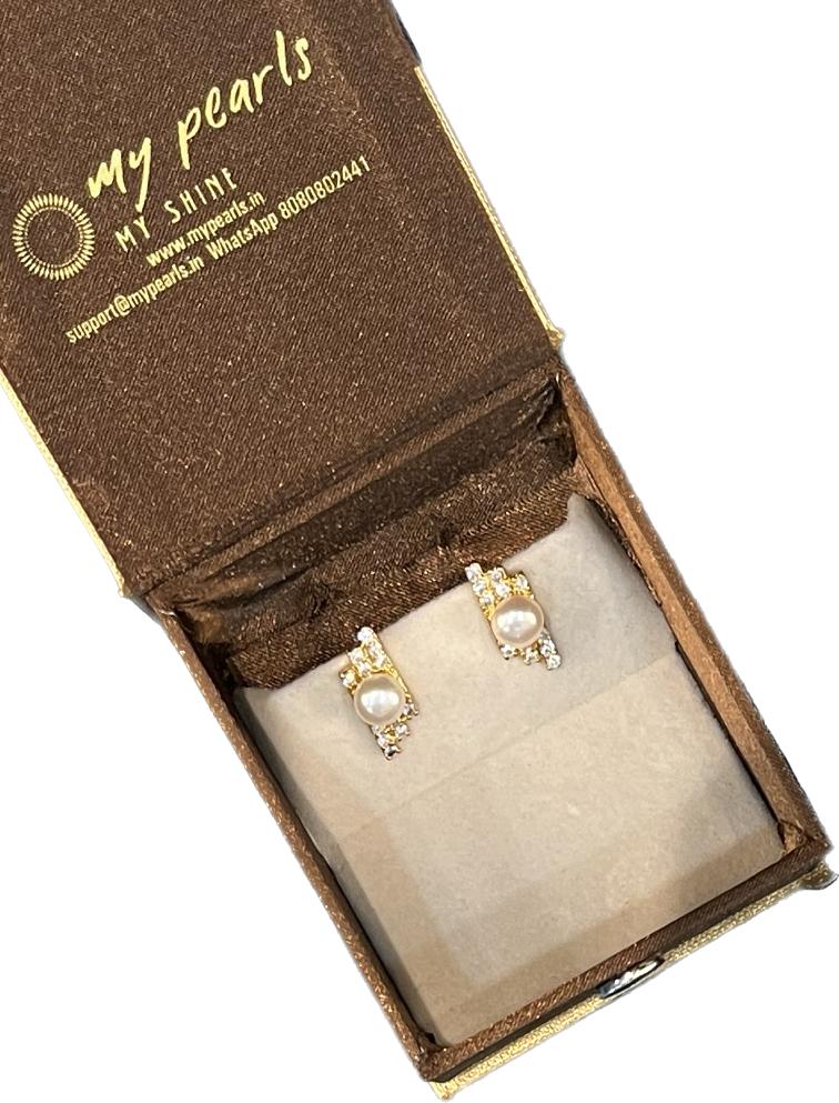 My Pearls CZ-Studded Real Pearl Stud Earrings with golden accent