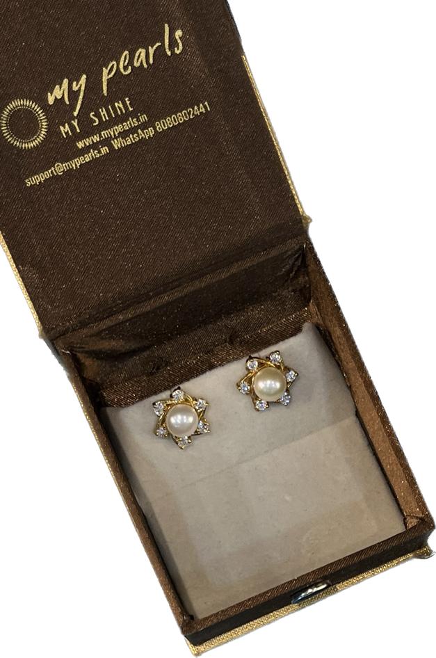 My Pearls Dazzling 8mm Real Pearl Stud Earrings with golden CZ Stone Accents