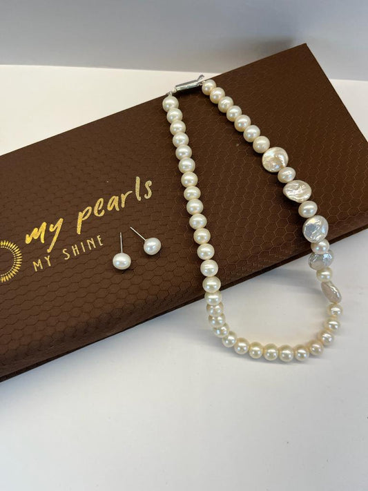 Caily - Amazing combination of 8 mm Round Pearls and Biwa Pearls Necklace Set