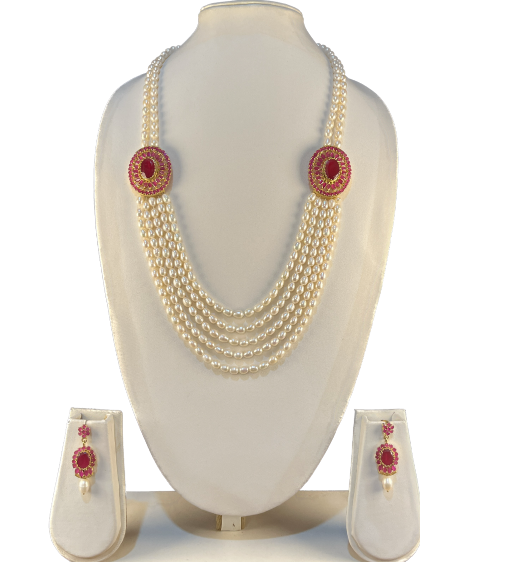 Ruparna - Enticing oval pearls dual brooch multi line pearl necklace set