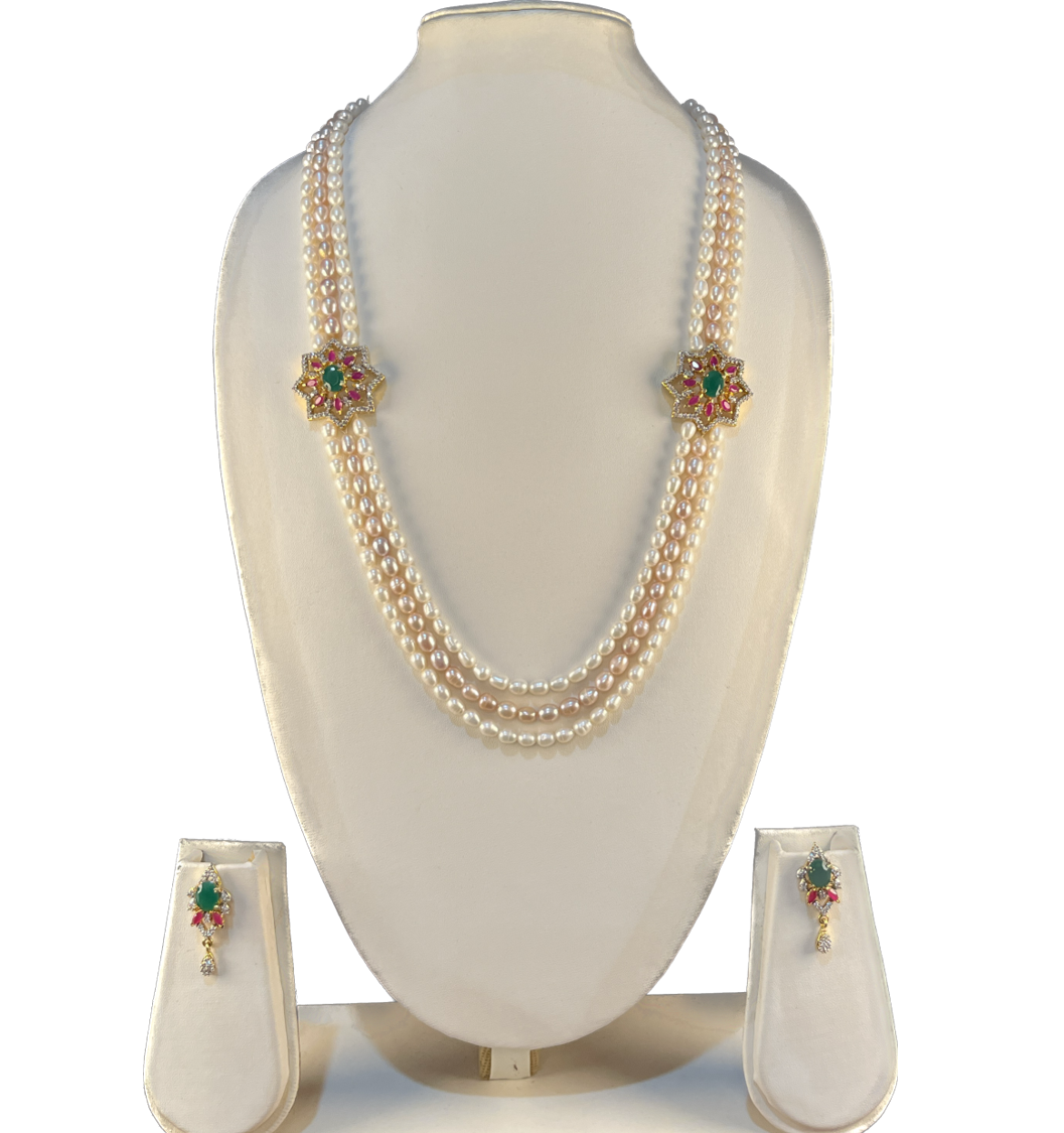 Suniksha - Beauteous oval pearls dual brooch multi liner pearl necklace set