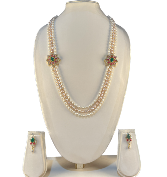 Suniksha - Beauteous oval pearls dual brooch multi liner pearl necklace set