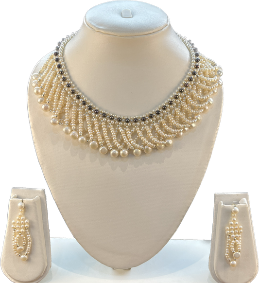 Dira - Gorgeous ~ 2-3 mm White Round  Pearls Multiliner necklace set