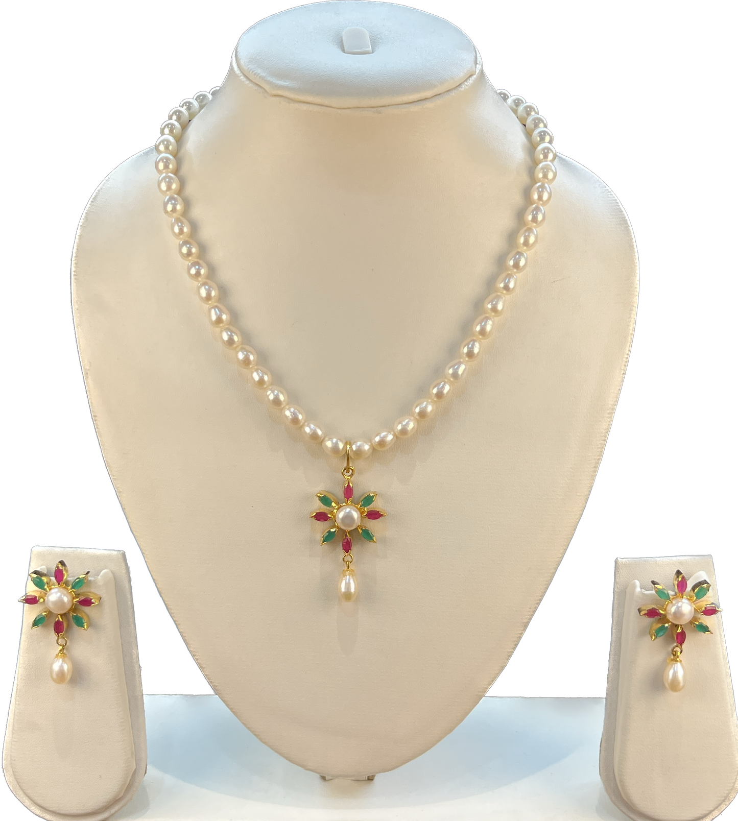 6 mm white oval freshwater pearls set with ruby & emerald colored stone and pearl studded beautiful 6 petal flower shaped  pendant